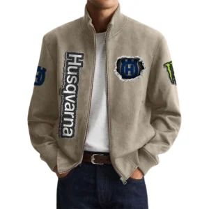 Husqvarna Motorcycles Men’s Suede Stand Collar Bomber Jacket Long Sleeve Dressy Pockets