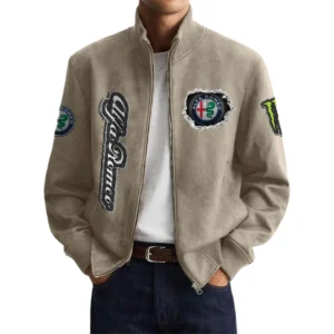 Alfa Romeo Men’s Suede Stand Collar Bomber Jacket Long Sleeve Dressy Pockets