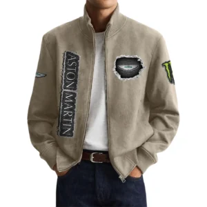 Aston Martin Men’s Suede Stand Collar Bomber Jacket Long Sleeve Dressy Pockets