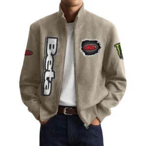 Beta Motorcycles Men’s Suede Stand Collar Bomber Jacket Long Sleeve Dressy Pockets