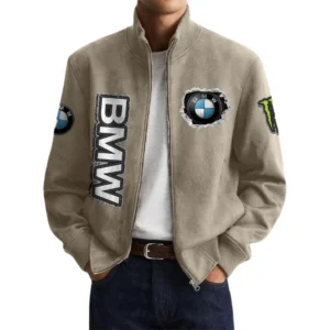 BMW Men’s Suede Stand Collar Bomber Jacket Long Sleeve Dressy Pockets