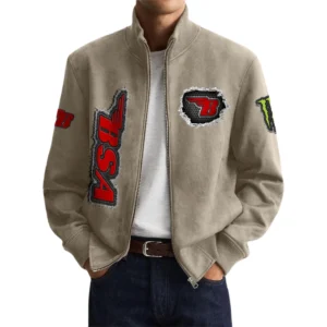 BSA Motorcycles Men’s Suede Stand Collar Bomber Jacket Long Sleeve Dressy Pockets