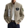 Buell Motorcycles Men’s Suede Stand Collar Bomber Jacket Long Sleeve Dressy Pockets
