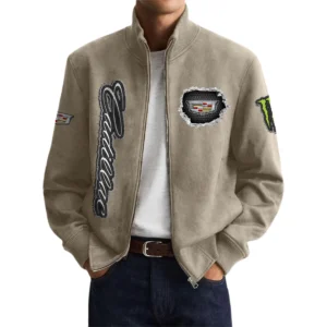 Cadillac Men’s Suede Stand Collar Bomber Jacket Long Sleeve Dressy Pockets