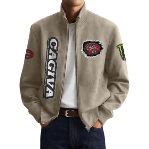 Cagiva Men’s Suede Stand Collar Bomber Jacket Long Sleeve Dressy Pockets