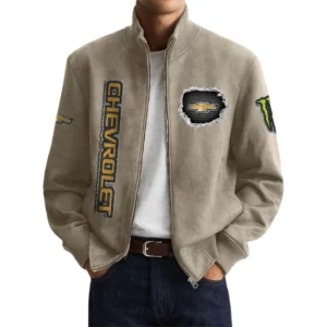 Chevrolet Men’s Suede Stand Collar Bomber Jacket Long Sleeve Dressy Pockets