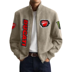 Ducati Men’s Suede Stand Collar Bomber Jacket Long Sleeve Dressy Pockets