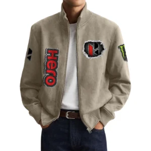 Hero Motorcycles Men’s Suede Stand Collar Bomber Jacket Long Sleeve Dressy Pockets