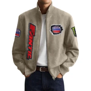Fantic Motor Men’s Suede Stand Collar Bomber Jacket Long Sleeve Dressy Pockets