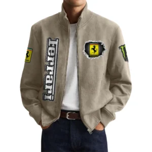 Ferrari Men’s Suede Stand Collar Bomber Jacket Long Sleeve Dressy Pockets