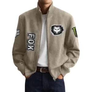 Fox Racing Men’s Suede Stand Collar Bomber Jacket Long Sleeve Dressy Pockets