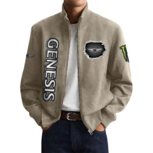 Genesis Men’s Suede Stand Collar Bomber Jacket Long Sleeve Dressy Pockets