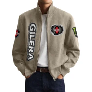 Gilera Men’s Suede Stand Collar Bomber Jacket Long Sleeve Dressy Pockets
