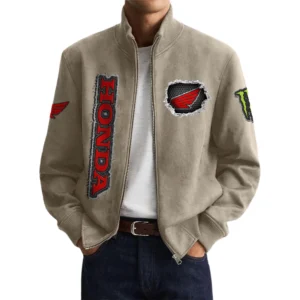 Honda Motor Men’s Suede Stand Collar Bomber Jacket Long Sleeve Dressy Pockets