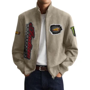 Indian Motorcycle Men’s Suede Stand Collar Bomber Jacket Long Sleeve Dressy Pockets