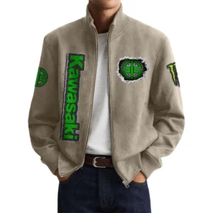 Kawasaki Men’s Suede Stand Collar Bomber Jacket Long Sleeve Dressy Pockets