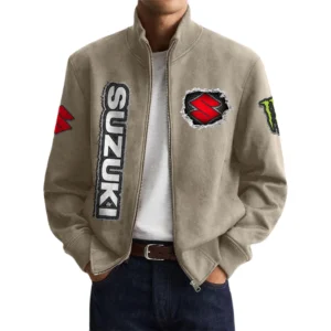 Suzuki Motorcycles Men’s Suede Stand Collar Bomber Jacket Long Sleeve Dressy Pockets