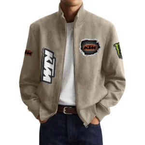 KTM Racing Men’s Suede Stand Collar Bomber Jacket Long Sleeve Dressy Pockets