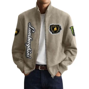Lamborghini Men’s Suede Stand Collar Bomber Jacket Long Sleeve Dressy Pockets