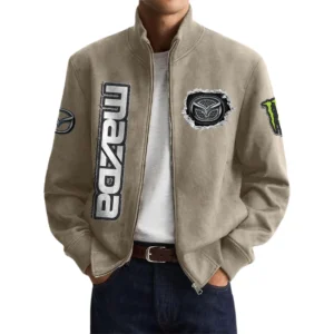 Mazda Men’s Suede Stand Collar Bomber Jacket Long Sleeve Dressy Pockets