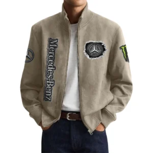 Mercedes-Benz Men’s Suede Stand Collar Bomber Jacket Long Sleeve Dressy Pockets