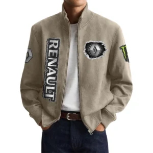 Renault Men’s Suede Stand Collar Bomber Jacket Long Sleeve Dressy Pockets