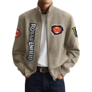 Royal Enfield Men’s Suede Stand Collar Bomber Jacket Long Sleeve Dressy Pockets