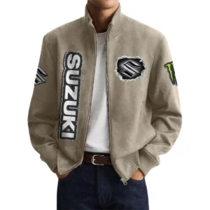 Suzuki Men’s Suede Stand Collar Bomber Jacket Long Sleeve Dressy Pockets