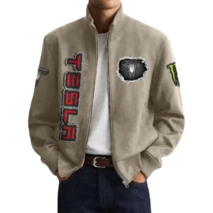 Tesla Men’s Suede Stand Collar Bomber Jacket Long Sleeve Dressy Pockets