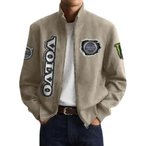Volvo Men’s Suede Stand Collar Bomber Jacket Long Sleeve Dressy Pockets