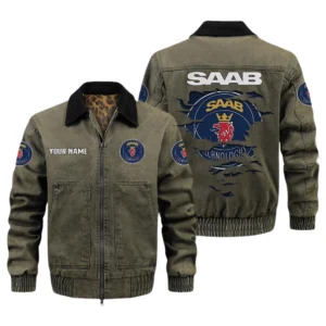 Saab Men's Vintage Jacket Contrast Collar Zip Up Outerwear
