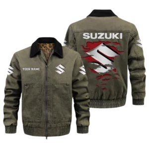 Suzuki Men's Vintage Jacket Contrast Collar Zip Up Outerwear