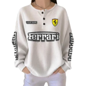 Ferrari Women’s Waffle Knit Long Sleeve Relaxed Button V-Neck Customize Name