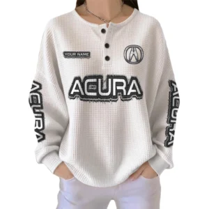 Acura Women’s Waffle Knit Long Sleeve Relaxed Button V-Neck Customize Name