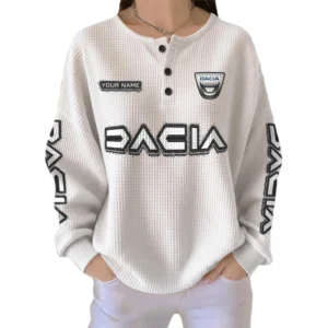 Dacia Women’s Waffle Knit Long Sleeve Relaxed Button V-Neck Customize Name
