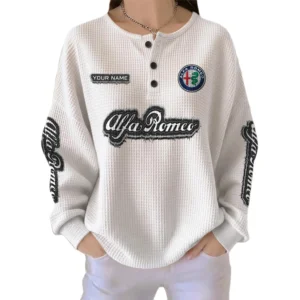 Alfa Romeo Women’s Waffle Knit Long Sleeve Relaxed Button V-Neck Customize Name