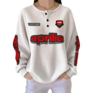 Aprilia Motorcycles Women’s Waffle Knit Long Sleeve Relaxed Button V-Neck Customize Name