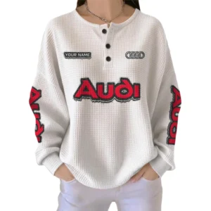 Audi Women’s Waffle Knit Long Sleeve Relaxed Button V-Neck Customize Name