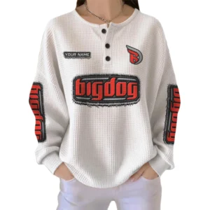 Big Dog Motorcycles Women’s Waffle Knit Long Sleeve Relaxed Button V-Neck Customize Name