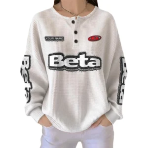 Beta Motorcycles Women’s Waffle Knit Long Sleeve Relaxed Button V-Neck Customize Name