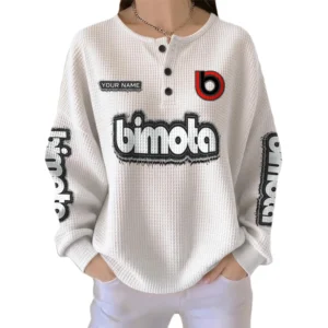 Bimota Women’s Waffle Knit Long Sleeve Relaxed Button V-Neck Customize Name