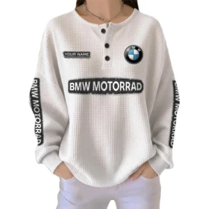 BMW Motorrad Women’s Waffle Knit Long Sleeve Relaxed Button V-Neck Customize Name