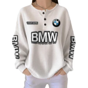 BMW Women’s Waffle Knit Long Sleeve Relaxed Button V-Neck Customize Name
