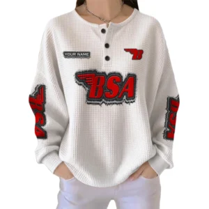 BSA Motorcycles Women’s Waffle Knit Long Sleeve Relaxed Button V-Neck Customize Name
