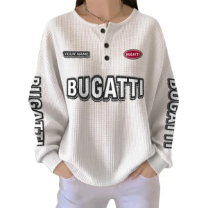 Bugatti Women’s Waffle Knit Long Sleeve Relaxed Button V-Neck Customize Name