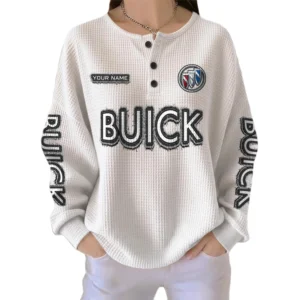 Buick Women’s Waffle Knit Long Sleeve Relaxed Button V-Neck Customize Name