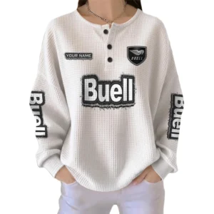 Buell Motorcycles Women’s Waffle Knit Long Sleeve Relaxed Button V-Neck Customize Name