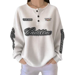 Cadillac Women’s Waffle Knit Long Sleeve Relaxed Button V-Neck Customize Name