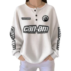 Can Am BRP Women’s Waffle Knit Long Sleeve Relaxed Button V-Neck Customize Name