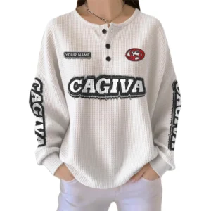Cagiva Women’s Waffle Knit Long Sleeve Relaxed Button V-Neck Customize Name